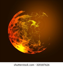 Abstract 3d Illuminated distorted Mesh Sphere . Neon Sign . Futuristic Technology HUD Element . Elegant Abstract  Destroyed  Sphere . Big data visualization .