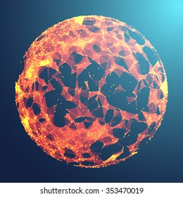 Abstract 3d Illuminated distorted Mesh Sphere . Neon Sign . Futuristic Technology HUD Element . Elegant Abstract  Destroyed  Sphere . Big data visualization .