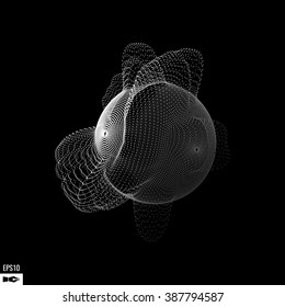 Abstract 3d Illuminated distorted Mesh Sphere . Neon Sign . Futuristic Technology HUD Element . Elegant Abstract  Destroyed  Sphere . Big data visualization .