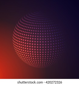 Abstract 3D illuminated halftone sphere, glowing particles. Hi-tech technology Concept. Dotted globe vector illustration.