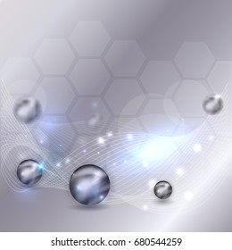 Abstract 3d illustrated balls science background with wave and glow