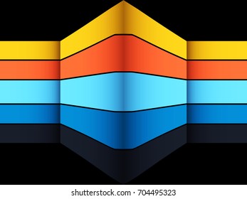 Abstract 3D Illustration of Embossed Bright Multicoloured Striped Geometric Structure Over Black Background