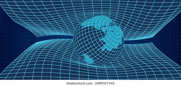 Abstract 3D illustration with a grid and mesh wireframe sphere in a warped, undulating rectangular shape. Geometric Y2K design combines a cyberpunk aesthetic with neon colors against a dark background