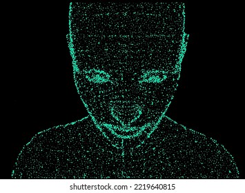 Abstract 3D illustration of the human face made of particles. Conceptual vector illustration of the artificial intelligence.