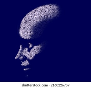 Abstract 3D illustration of a human head made of many particles or dots. Concept of the artificial intelligence.