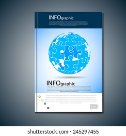 Abstract 3D illustration of infographic with elements of world and puzzle