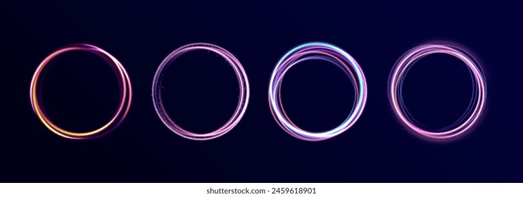 Abstract 3d illustration neon background. luminous swirling. Set of neon glowing circles. Glowing rings on dark background. Vector illustration. Swirl glow magic line trail. Light effect motion.	
