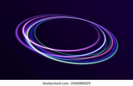 Abstract 3d illustration neon background. luminous swirling. Set of neon glowing circles. Glowing rings on dark background. Vector illustration. Swirl glow magic line trail. Light effect motion.	
