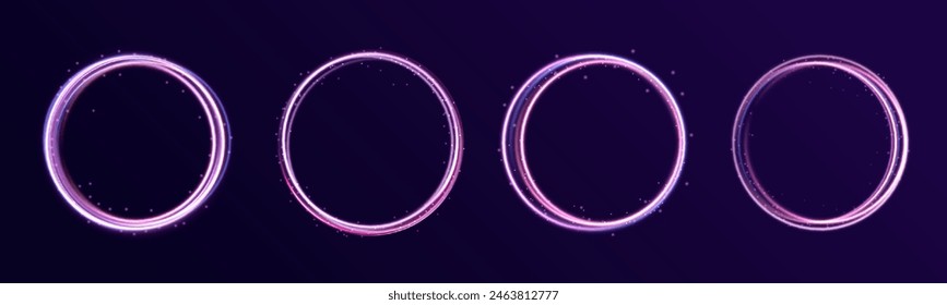 Abstract 3d illustration neon background. luminous swirling. Set of neon glowing circles. Glowing rings on dark background. Vector illustration. Swirl glow magic line trail. Light effect motion.	
