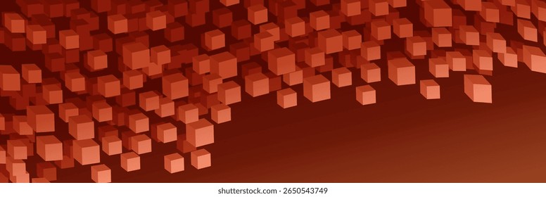 Abstractas ilustración 3D de cubos rojos flotando sobre un fondo degradado oscuro. Diseño moderno, dinámico y geométrico adecuado para temas tecnológicos o digitales.