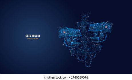 Abstract 3d illustration of two CCTV security cameras. Surveillance technology, safety, smart home or traffic monitoring concept in blue. Low poly vector image with dots, lines and glowing particles
