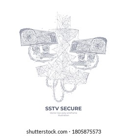 Abstract 3d illustration of two SSTV cameras. Polygonal mesh wireframe isolated in white background. Slow scan television secure concept with connected dots and lines. Vector sketch drawing
