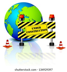 abstract 3d illustration of under construction barrier and earth globe