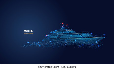 Abstract 3d illustration of yacht in dark blue. Yachting sport, sailing, business, travel concept. Digital vector mesh looks like starry sky. Low poly wireframe with lines, dots and glowing particles