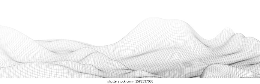 Abstract 3D image of a mountain with a polygonal mesh. View from a great height. Landscape on a white background. Stock vector illustration.