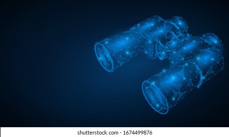 Abstract 3D image of an optical device. Lines and dots form a binocular. Blue background. Free space for information.