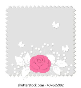 Abstract 3D image in paper style with flowers. Bouquet with butterflies on a gray background with open-work edge in origami style. Vector illustration