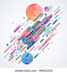 Abstract 3D image of a rocket. Bright curved geometric shapes. Futuristic vector image of a spaceship, planets, starry sky. Modern fashionable style.