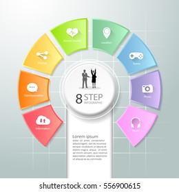 Abstractas opciones de infografía 3D 8, la Plantilla de infografía del concepto de redes sociales se puede utilizar para el diseño del flujo de trabajo, el diagrama, las opciones de números, la línea de tiempo o el proyecto de hitos.