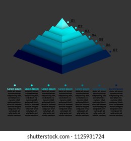 Abstract 3D infographic isolated on dark gray background. Seven steps process for success. Modern concept. Options for web site template, diagram, placard and timeline.