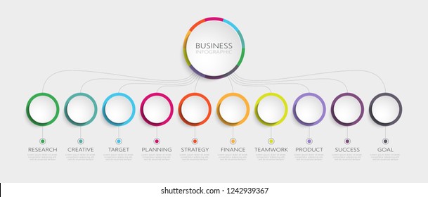 Abstract 3D Infographic Template with 10 steps for success. Business circle template with options for brochure, diagram, workflow, timeline, web design. Vector EPS 10