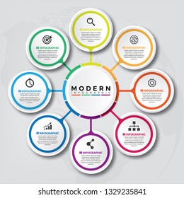 Abstract 3D Infographic Template with 8 steps for success. Business circle template with options for brochure, diagram, workflow, timeline, web design.