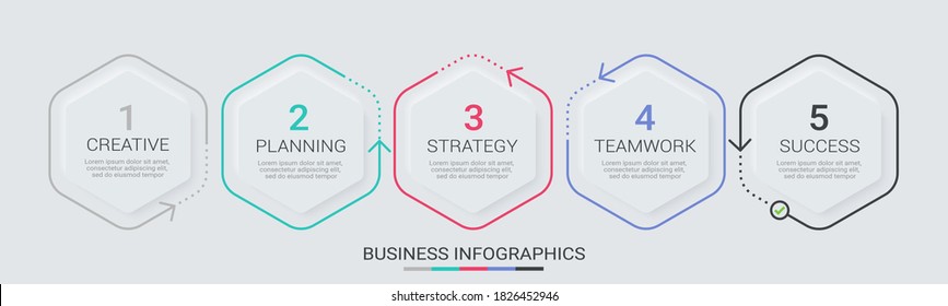 Abstrakte 3D Infografik dünne Linie Vorlage mit 5 Schritten. Moderne Business Concept-Infografiken mit Optionen für Broschüre, Diagramm, Workflow, Zeitleiste. Neomorphismus-Stil. Vektor EPS10