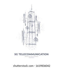 Abstract 3d isolated 
5G antenna on white innovation technology background. Low poly wireframe digital vector.
Polygons, lines and connected dots.
Internet telecommunication tower futuristic concept.