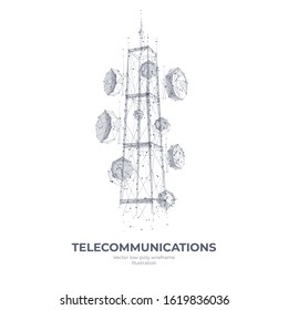 Abstract 3d isolated 
telecommunication antenna on white innovation technology background. Low poly wireframe digital vector.
Polygons and connected dots.
Communication tower futuristic concept.