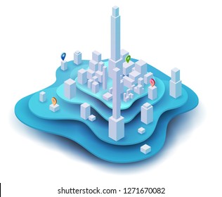 Abstract 3d isometric city map with clean white buildings on layers landscape or island. Modern minimalistic concept for infographics, mobile gps or navigation application. Vector illustration.