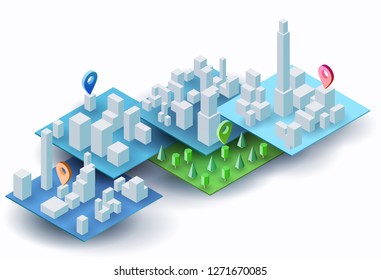 Abstract 3d isometric city map with clean white buildings on layers landscape or island. Modern minimalistic concept for infographics, mobile gps or navigation application. Vector illustration.