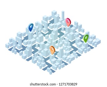 Abstract 3d isometric city map with clean white buildings silhouettes and geo tag pin. Modern minimalistic concept for infographics, mobile gps or tracking navigation application. Vector illustration.