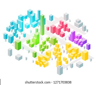 Abstract 3d isometric city map with clean white and colorful buildings silhouettes. Modern minimalistic concept for infographics, mobile gps or tracking navigation application. Vector illustration.