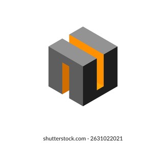 Abstract 3D isometric design.  Modern geometric cube with vibrant orange accent.  Represents innovation, technology, or architecture. Ideal for corporate branding, websites, and presentations.