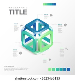 Modelo infográfico de estrutura isométrica 3D abstrata em cores de gradiente azul e verde, perfeito para visualizar dados, processos ou etapas. O modelo infográfico fornece um elemento visual moderno.