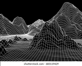 
Abstract 3d landscape mesh background. Terrain grid on black. 