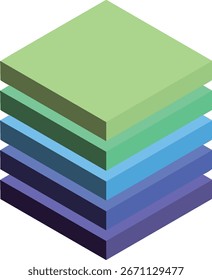 Diagrama de blocos em camadas 3D abstrato com cubos coloridos empilhados em tons de gradiente de verde, azul e roxo. Ilustração vetorial isométrica moderna representando estrutura de dados, hierarquia, níveis, negócios