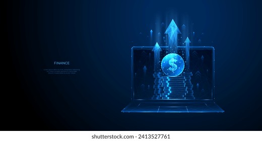 Abstract 3D light blue dollar coin stack on a laptop screen in futuristic low poly wireframe style on a dark background. Business and finance concept. Growth arrows as graph chart. Vector illustration