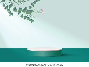 Abstract 3D light blue room with set of steps realistic blue and white cylinder stand podium. Pastel minimal scene for mockup product display.Minimal scene for product display presentation. 