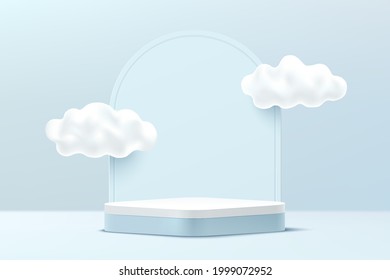 Abstract 3D light blue and white round corner pedestal podium with cloud sky and geometric backdrop. Vector rendering geometric platform for product presentation. Pastel blue minimal wall scene. 