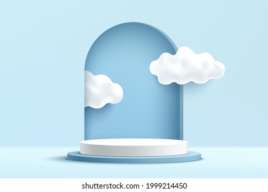 Abstract 3D light blue and white cylinder pedestal podium with clouds inside the window on the wall. Pastel blue minimal scene. Modern vector rendering geometric platform for product presentation. 