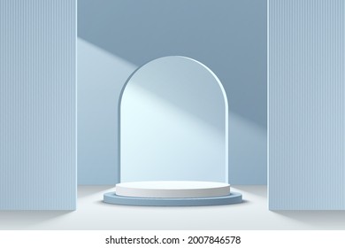 Abstract 3D light blue and white cylinder pedestal podium with arch window on the wall. Pastel blue minimal scene with geometric backdrop. Modern vector rendering platform for product presentation. 