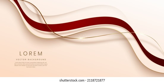 Abstract 3d light brown background with red ribbon gold lines curved wavy sparkle with copy space for text. Luxury style template design. Vector illustration