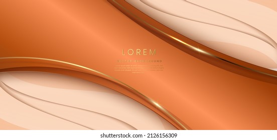 Abstract 3d light brown background with gold lines curved wavy sparkle with copy space for text. Luxury style template design. Vector illustration