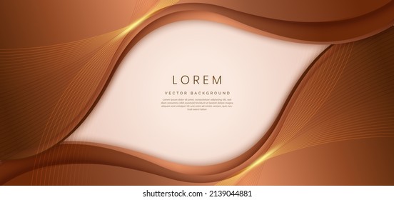 Abstract 3d light brown background with gold lines curved wavy sparkle with copy space for text. Luxury style template design. Vector illustration