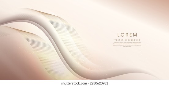 Abstract 3d light brown background with gold lines curved wavy sparkle with copy space for text. Luxury style template design. Vector illustration