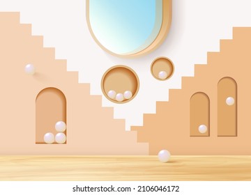 Abstract 3D, Light brown minimal wall scene with window lighting. Modern vector rendering for product presentation. 