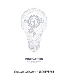 Abstract 3d light bulb with gears inside. Innovation, creativity, business technology idea concept isolated in white. Low poly hand drawing with lines, dots and shapes. Digital vector illustration