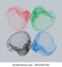 Abstract 3D line art illustration featuring four organic, mesh-like fluid shapes in red, green, black, and blue arranged in a grid pattern on a solid grey background illustrator.
