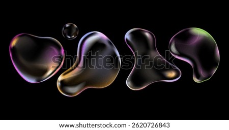 Abstract 3D liquid bubbles shapes set with glossy transparent , iridescent surfaces and organic forms on a black, for modern design,UI elements, branding,futuristic visual content.Vector illustration